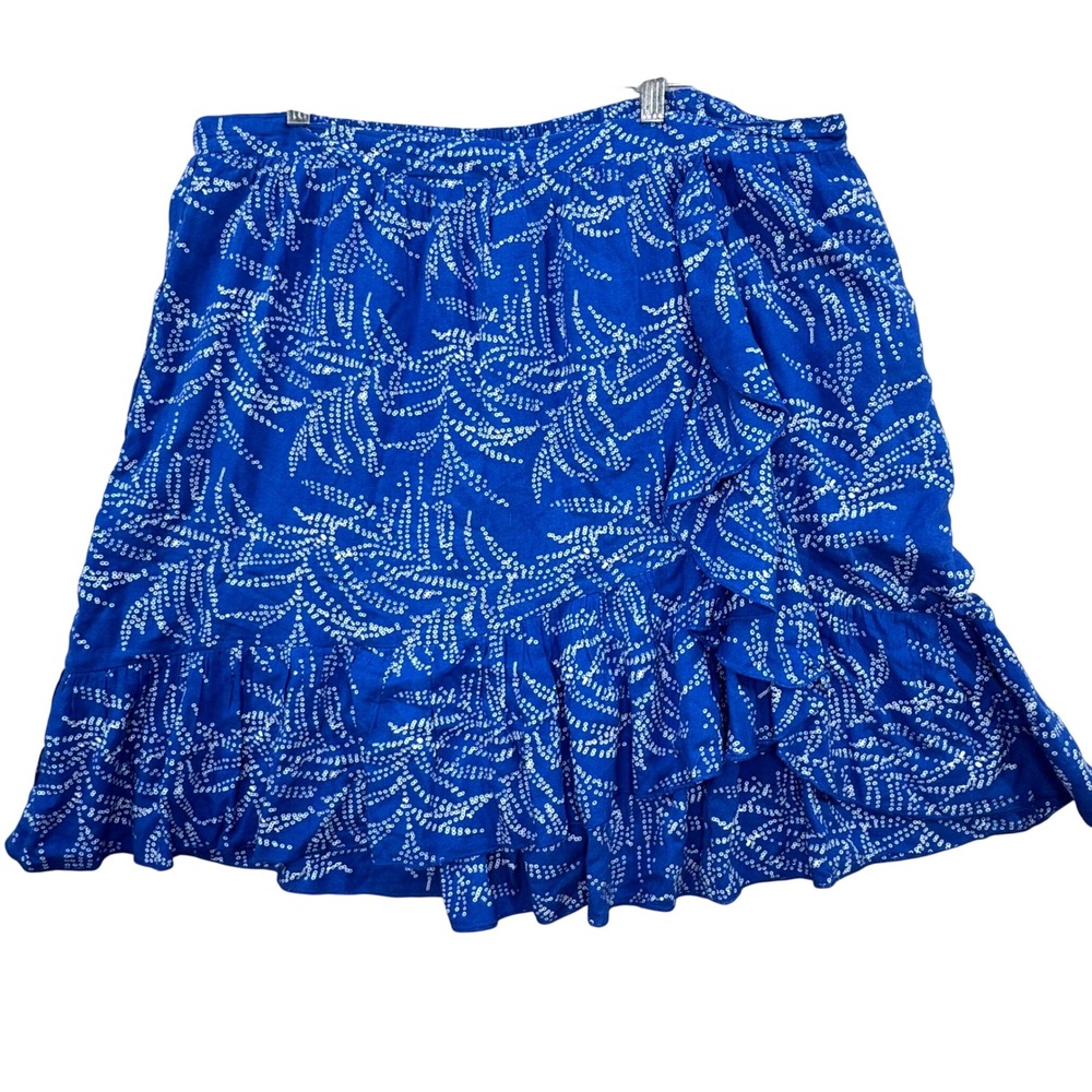 Sundance Ruffle Knee Length Skirt Womens XL Blue Print Boho Coastal Flowey